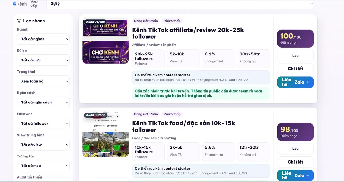 Chợ Kênh channel catalog and filters